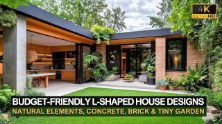 Budget-Friendly L-Shaped House Designs with Natural Elements, Concrete, Brick & Tiny Garden