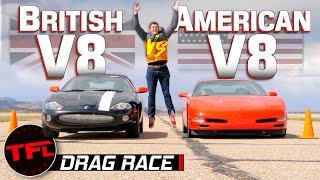 Cheap V8 Sports Car Shootout: Jaguar XK8 vs Chevy Corvette Drag Race, Roll Race, Brake Test!