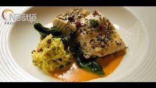 Chef Vivek Singh creates modern Indian inspired halibut, grouse and poached pear recipes