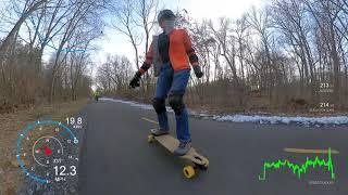 Pumping fast ~13mph (~21km/h) waterborne longboard surfskate. Flat smooth part of bike path (LDP)