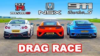 911 Turbo S v GTR Nismo vs Honda NSX: DRAG RACE