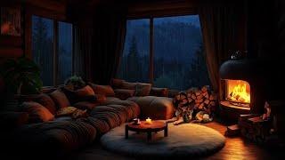 Thunderstorm at Night - Cozy Log Cabin Living Room, Fireplace & Sleeping Pets