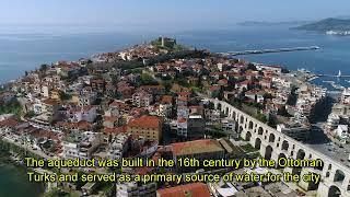 Aerial View The City Of Kavala In Northern Greek, Ancient Aqueduct Kamares,