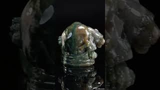 8.0" Green Moss Agate Carved Crystal Skull & Leopard, Realistic