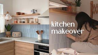 Kitchen Makeover | how to add peel n stick tiles to bare walls & hang floating shelves