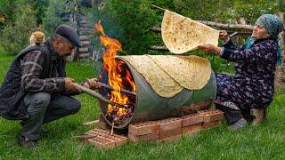 ️ Traditional Lavash Bread: Baking Bread on a Barrel Over Wood Fire