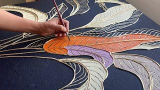 How to paint Banana leaves with texture paste and gold leaf | Textured Art | Gold Leaf Painting