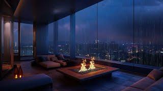 Chill Out At Luxury Apartment in Skyscraper on a Stormy Night | Fireplace, Rain & Thunder Sounds