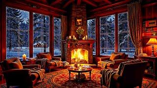 Cozy Winter Room Ambience  Relaxing Jazz with Crackling Fireplace & Blizzard for Stress Relief