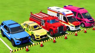 POLICE CARS, AMBULANCE, FIRE DEPARTMENT VEHICLES TRANSPORTING WITH TRUCKS ! Farming Simulator 22