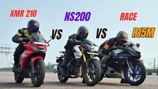 Hero Karizma XMR 210 Vs Yamaha R15m Vs Bajaj Pulsar ns200 Triple Drag Race