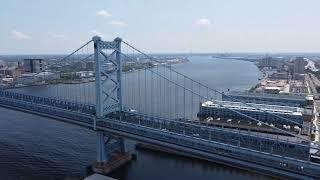 Aerial footage in and around Penn's Landing in Philadelphia