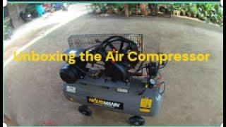 Unboxing the Hausmann 2 cylinder, 100 liter/26 gallon belt driven air compressor