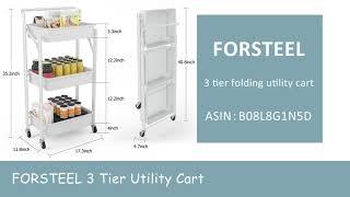 Forsteel 3 tier folding utility cart Metal Storage Cart with Wheels and Handle for Kitchen, Bedroom