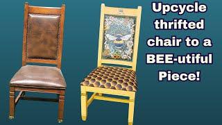 Maximalist Chair flip, BEE-utiful Bee decoupage papered chair back, #PatioFurnitureChallenge