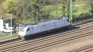 Trains and ships at Linz beside the Rhine near the remains of the bridge of Remagen