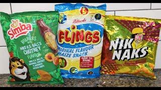 Simba Mrs H.S. Ball’s Chutney Potato Chips, Willards Flings & NIK NAKS Original Cheese Maize Snack