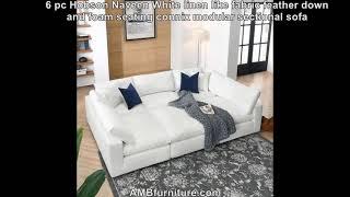 6 pc Hobson Naveen White linen like fabric feather down and foam seating modular sectional sofa