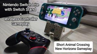Nintendo Switch Lite Animal Crossing Gameplay in Tabletop Mode with Stand and Wireless Controller