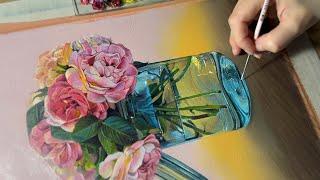 How to paint flowers in glass vase ? Still life oil painting Step by Step. Artwork in Process