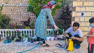 Exploring Iran's Nomadic Lifestyle:spraying ornamental flowers and trees,daily village life