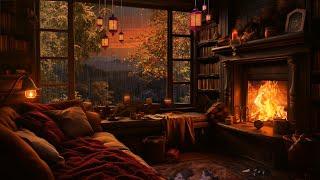Peaceful Autumn Evening Fireplace and Gentle Rain Ambience   Relax, Sleep or Study