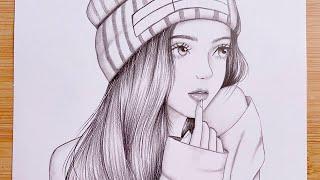 Easy step by step drawing tutorial || A girl wearing a winter hat || Pencil Sketch for beginners