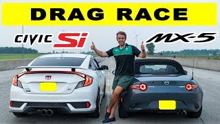 2021 Mazda Miata MX-5 6Speed takes on Honda Civic Si Coupe 6Speed, drag and roll race.