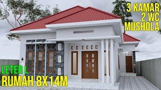 Desain Rumah Minimalis ukuran 8x14m 3 kamar tidur 1 lantai 2 toilet mushola leter L