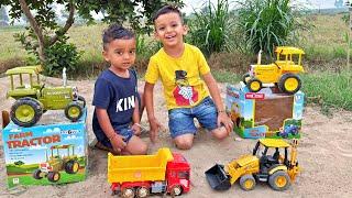 Kids unboxing Tractor toys, Playing with Bruder Jcb and Truck toy | John Deere, HMT - Tractors Video