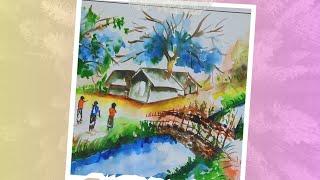 How to Draw & Watercolor Wash Landscape | Easy Village Scenery with House and Bridge