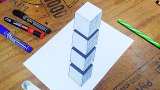 How to Draw 3D Cubos Flutuando em Folha de Papel step by step, 3d trick art on paper