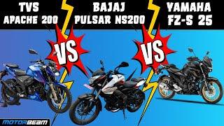 Bajaj Pulsar NS200 vs TVS Apache 200 4V vs Yamaha FZS-25 - Most VFM Motorcycle? | MotorBeam