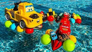 Disney Pixar Cars falling into deep pool, Lightning McQueen, Tow Mater, Mack, Sally, Francesco