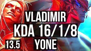 VLAD vs YONE (MID) | 16/1/8, Rank 5 Vlad, 6 solo kills, Legendary | KR Challenger | 13.5