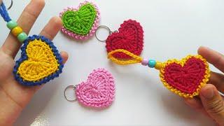 How to crochet Double Face Heart Keychain - Step by Step (subtitled)