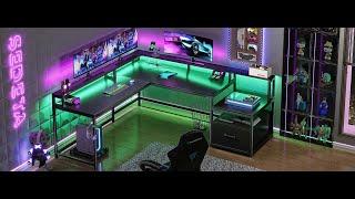 SEDETA 66 Inch L Shaped Gaming Desk Two Person Desk with Led Lights