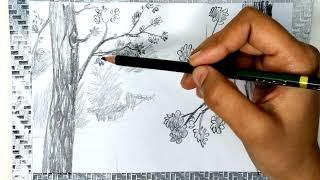 How to Draw Forest | Jungle Scene Drawing Pencil sketch | How to draw Lake in the forest Scenery Art