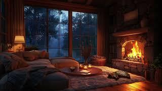 Cozy Gentle Rain Ambiance - Stone Fireplace, Rain, and Sleeping Cat