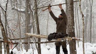 WINTER CAMPING in SNOWY & FOGGY FOREST-Alone for 1 Day at -19°C|Building a Raised Bed & Cooking Lamb