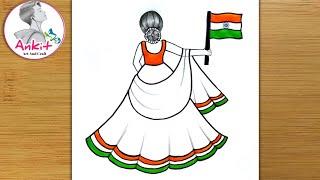 Independence Day Drawing Easy Steps / How to draw 15 august Drawing Easy Step /Tiranga Girl Drawing