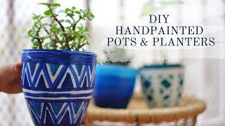 DIY Handpainted pots and planters | Gardening DIY | Blue pottery DIY |