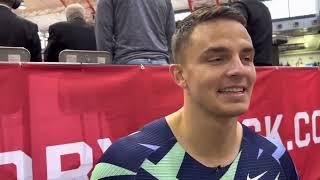 Devon Allen after winning at 2022 Millrose