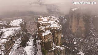 Monasteries in Meteora, Greece, Covered in Snow