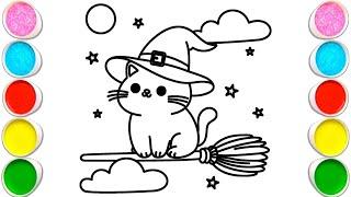 Cute Hello Kitty Flying on a Broom Drawing, Painting and Coloring for kids, Toddler | Easy to Draw