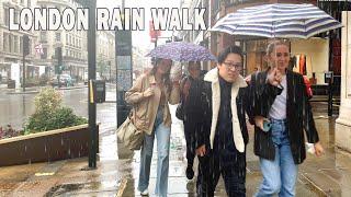 London rain walk | Piccadilly Circus to Tottenham Court Road | London Wet day 4K