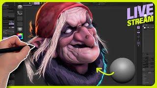 Sculpting Old Lady from Snowwhite | on Live Stream | in ZBrush