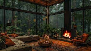Cozy Luxury Living Room In Forest with Fireplace and Rain Sound | Healing Insomnia, Reduce Stress