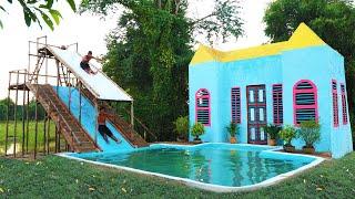 Build Pretty Villa For Living And Swimming Pool With Two Story Water Slide For Fun &  Exercise- full