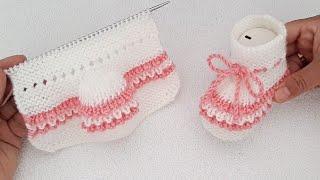 İki Şişle Bordürlü Kolay Bebek Patigi Yapılışı Easy Knitting Baby Booties Slippers Tutorial Pattern